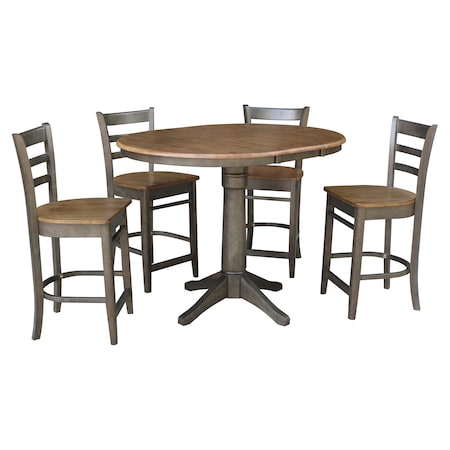 International Concepts Round 36 in Rd Extension Dining table, 4 counterHt stools, Hickory/Washed Coal, 36 in W, 48 in L K45-36RXT-27-S6172-4